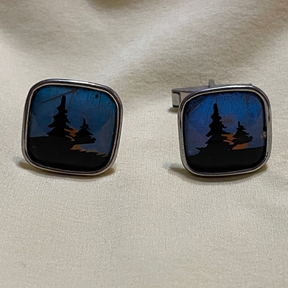 Vintage‎ 50's Butterfly Wing Blue Evergreen Sunset cuff links Party Wedding - Picture 1 of 7